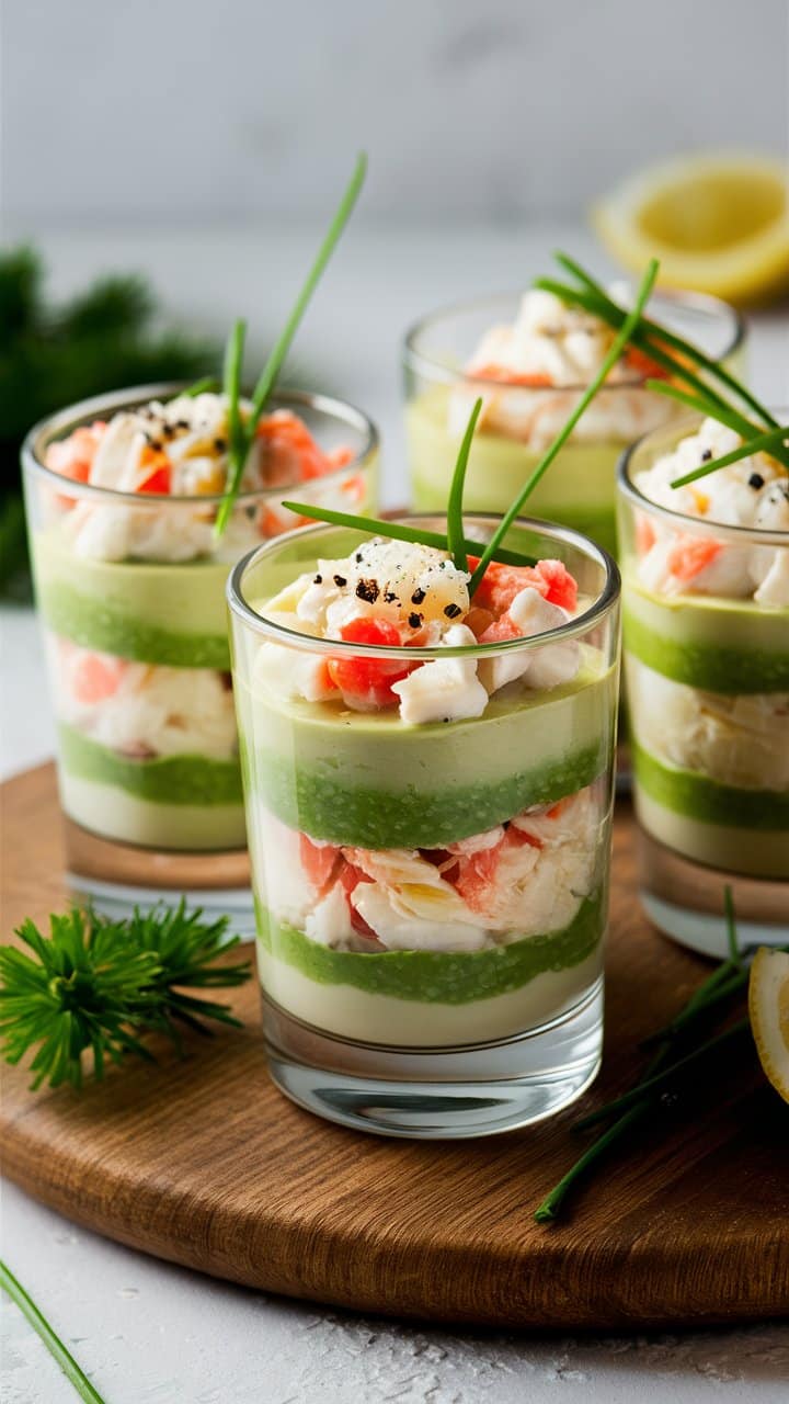 Verrines avocat et crabe, garnies de ciboulette