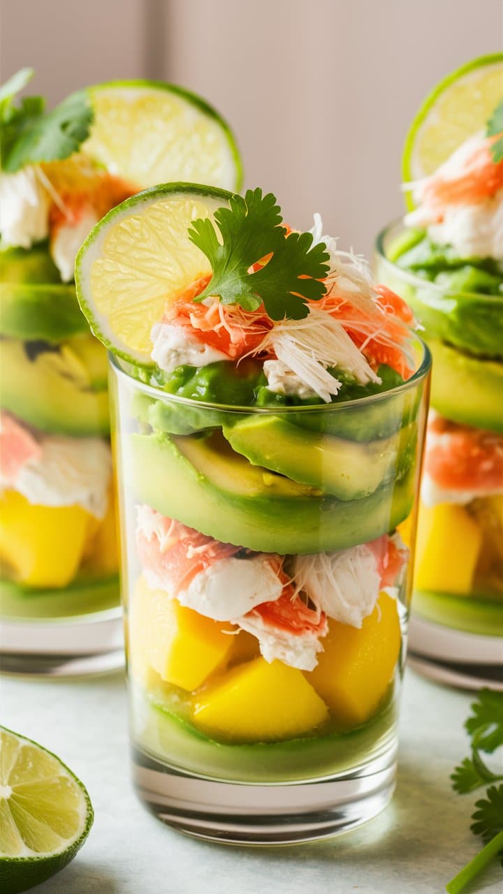 Entrée en verrine avocat, crabe, mangue et citron vert.