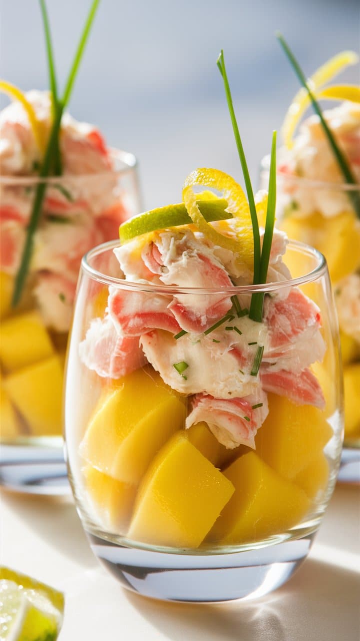 Verrines mangue et crabe avec herbes fraîches.