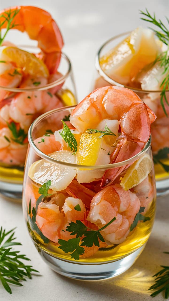 Cocktail de crevettes en verrine colorée.
