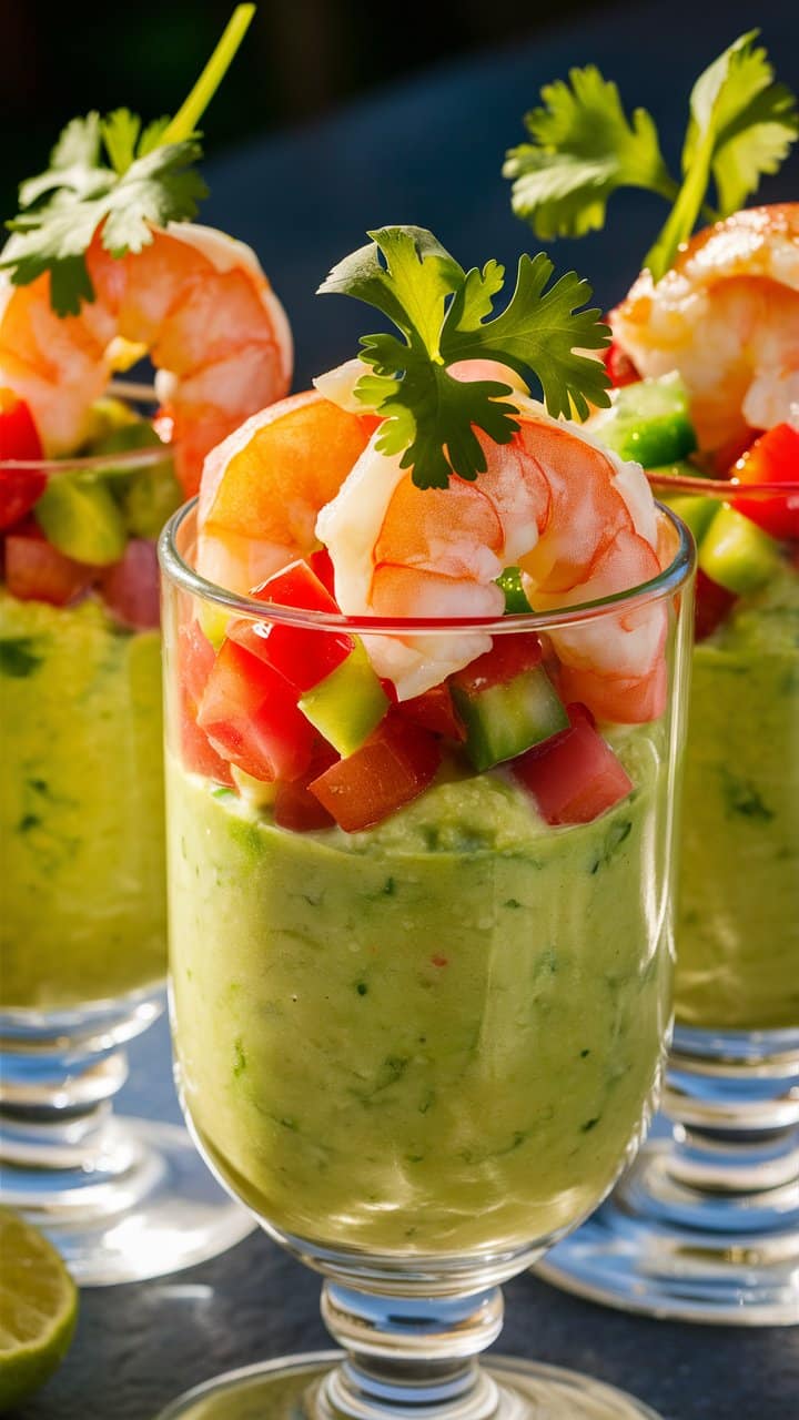 Verrine avocat crevettes, tomate et coriandre fraîche.