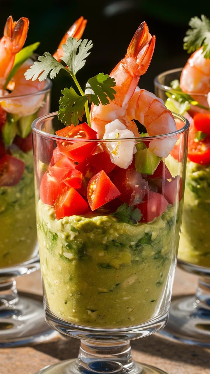 Verrine avocat, crevettes et tomates fraîches.