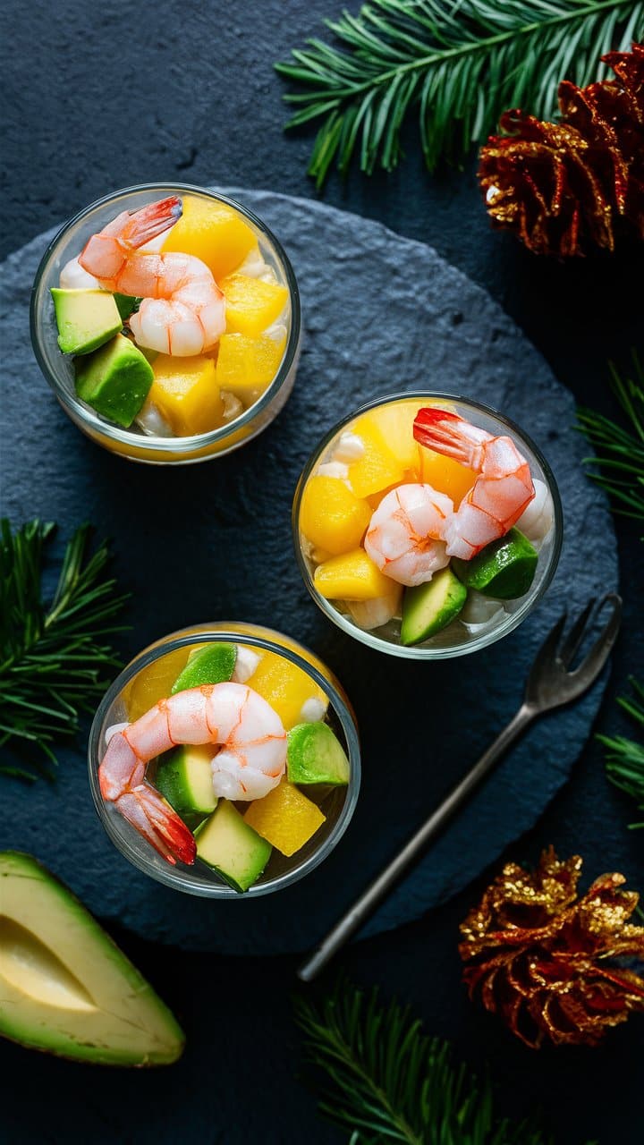 Verrines crevettes, mangue, avocat sur table décorée.