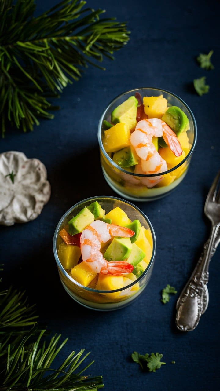 Verrines crevettes, mangue et avocat sur table bleue.