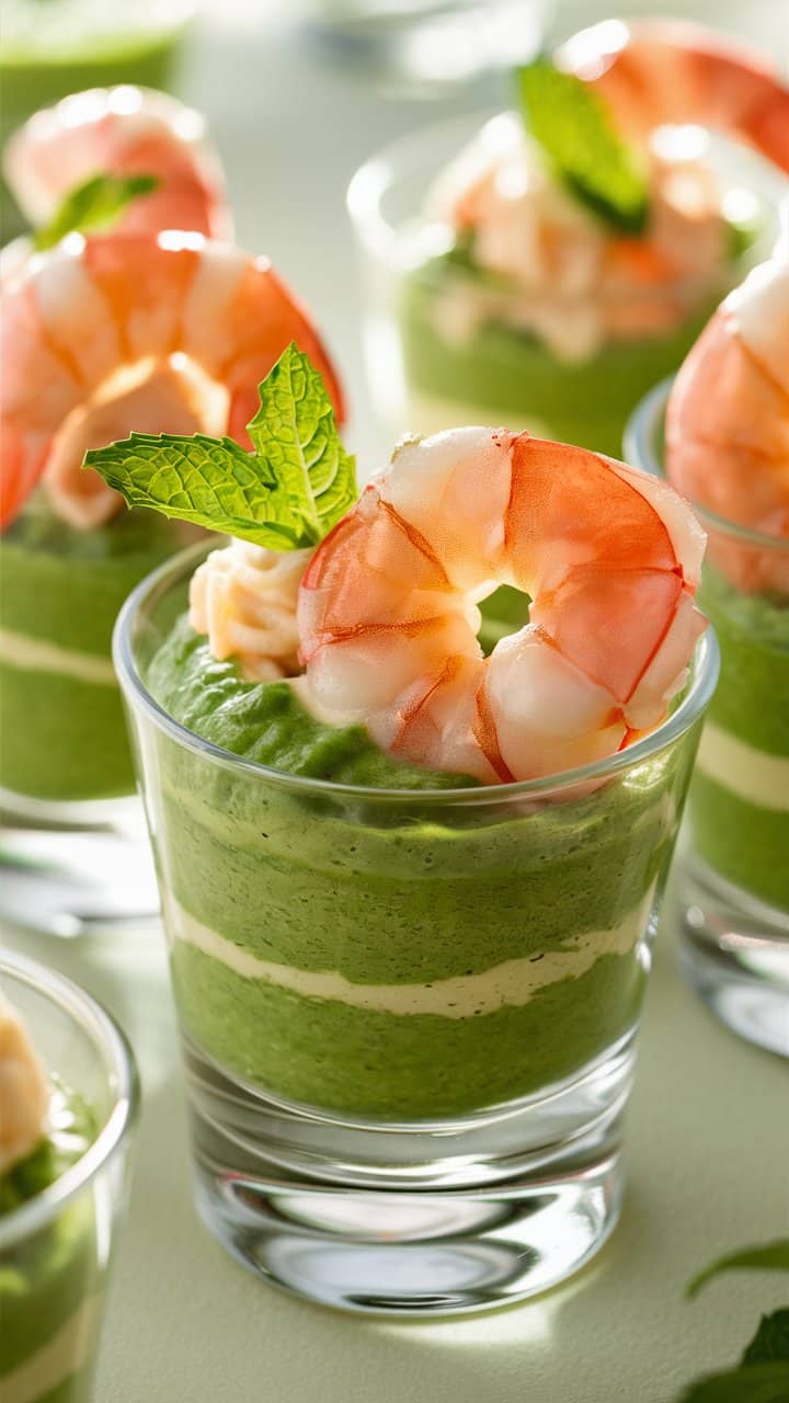 Verrine crevette, mousse verte, menthe fraîche.