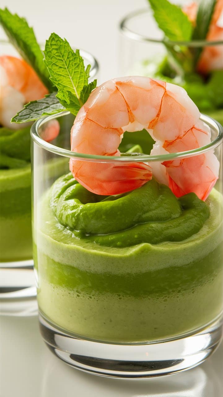Verrines d'avocat et crevettes surmontées de menthe.