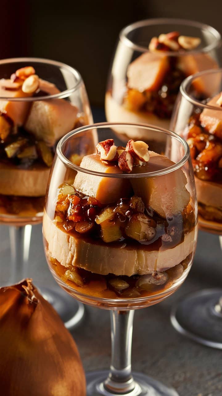 Verrines gastronomiques avec foie gras et fruits secs.