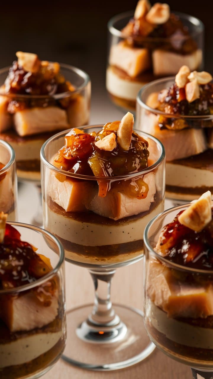 Verrines gourmandes au saumon et fruits secs.