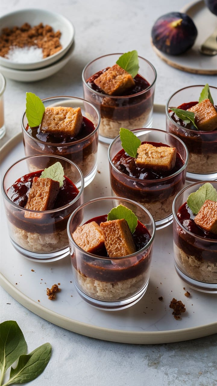 Mini-desserts avec figues et feuilles de menthe.