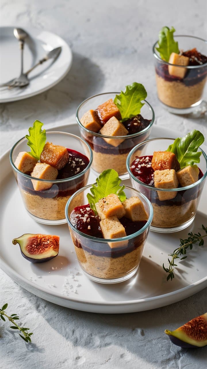 Verrines gourmandes avec figues et croûtons salés.