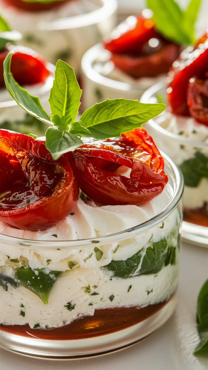 Verrine caprese avec tomates et basilic frais.