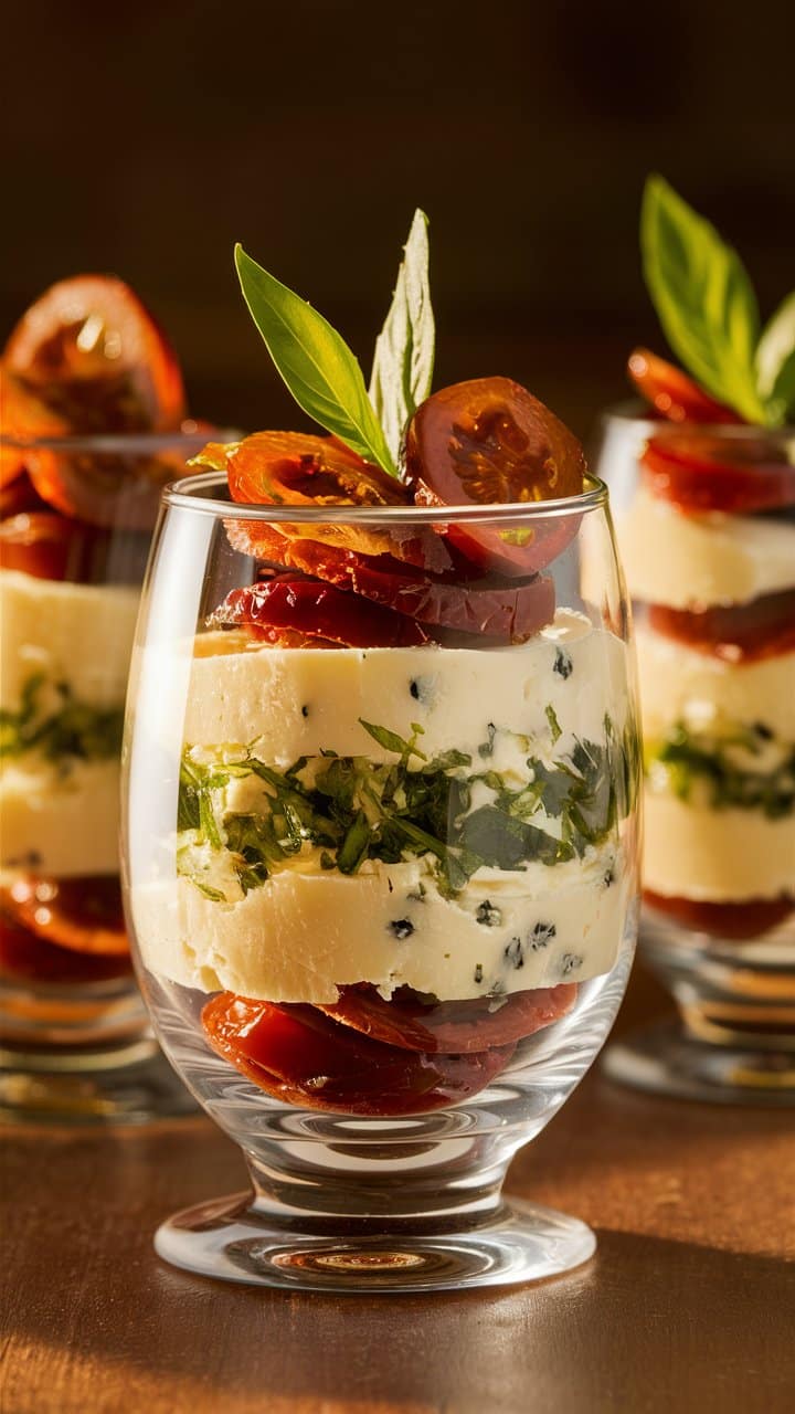 Verrine tomate, mozzarella et basilic frais.