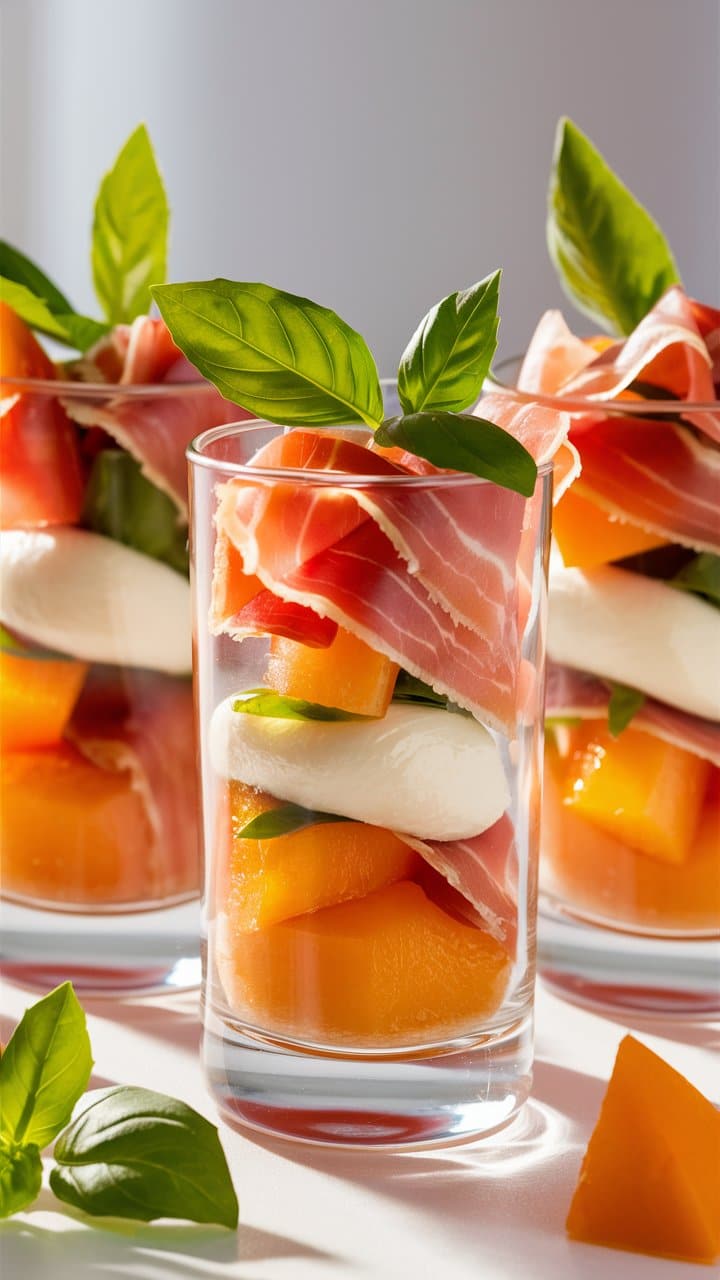 Entrée melon, jambon, basilic en verrine.
