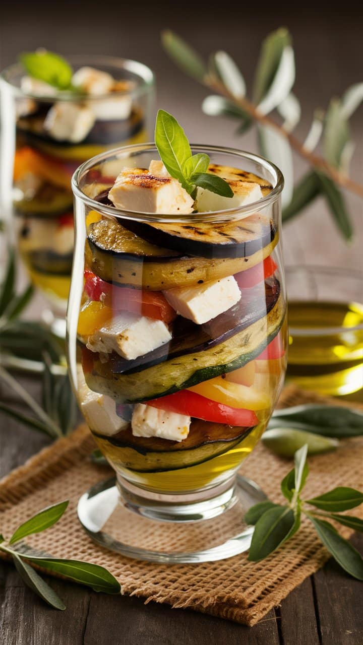Verrines légumes grillés feta huile olive basilic