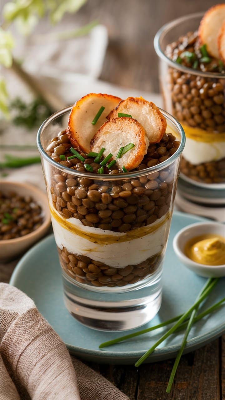 Verrine de lentilles et fromage, décorée de ciboulette.