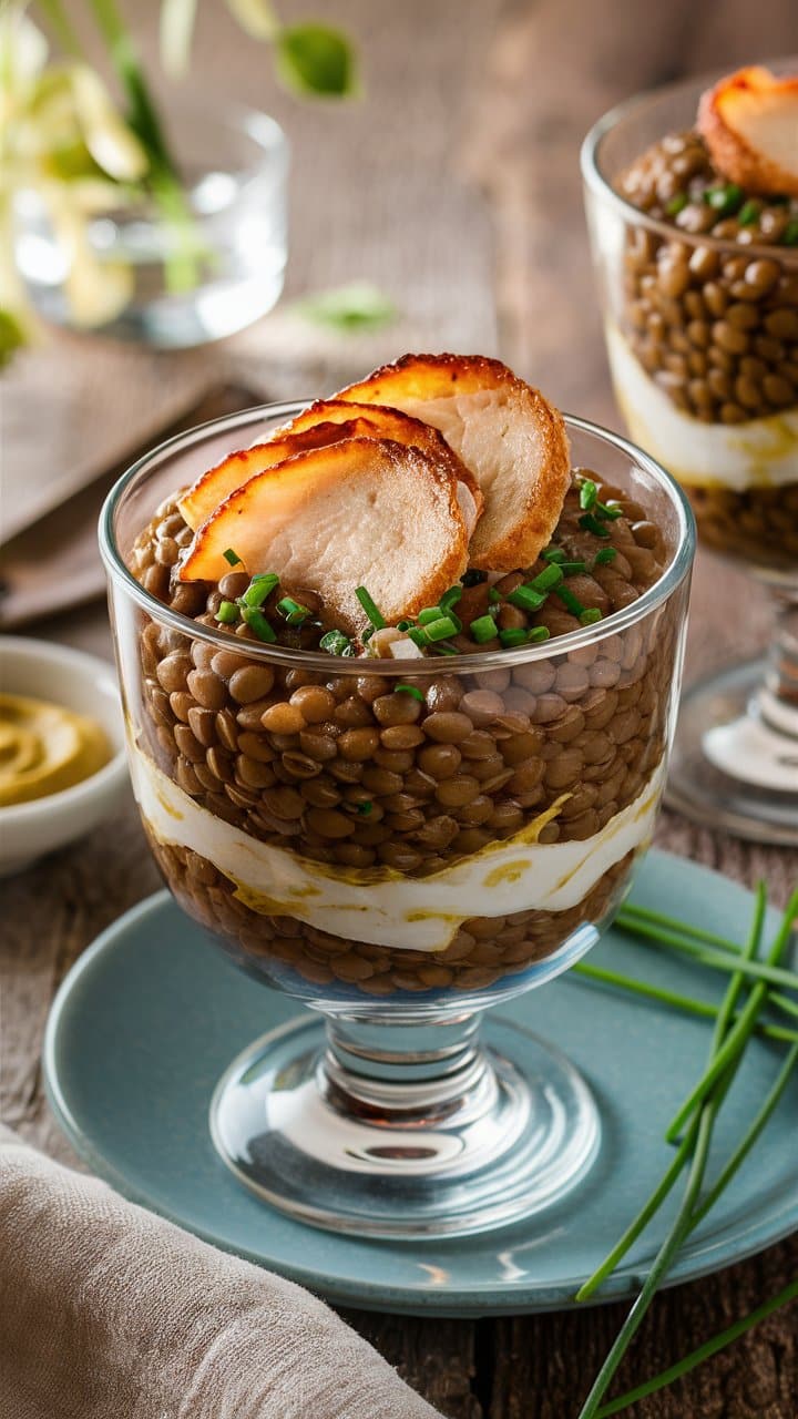 Verrine de lentilles, poulet, crème et ciboulette.