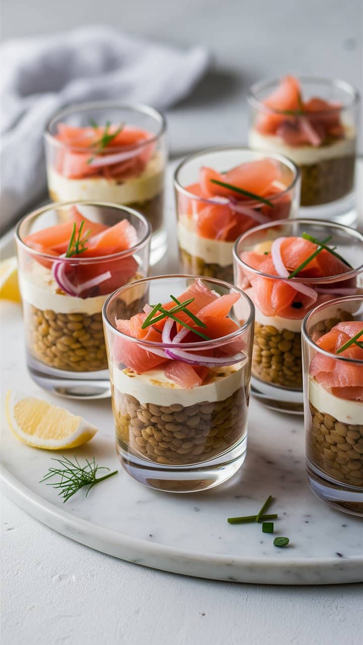 Verrines de saumon et lentilles garnies d'aneth.