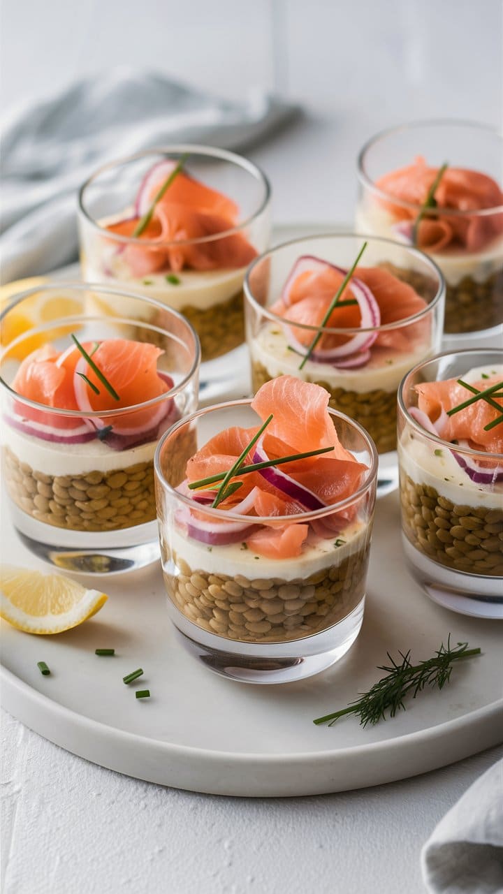 Verrines saumon, lentilles et crème fraîche sur assiette.