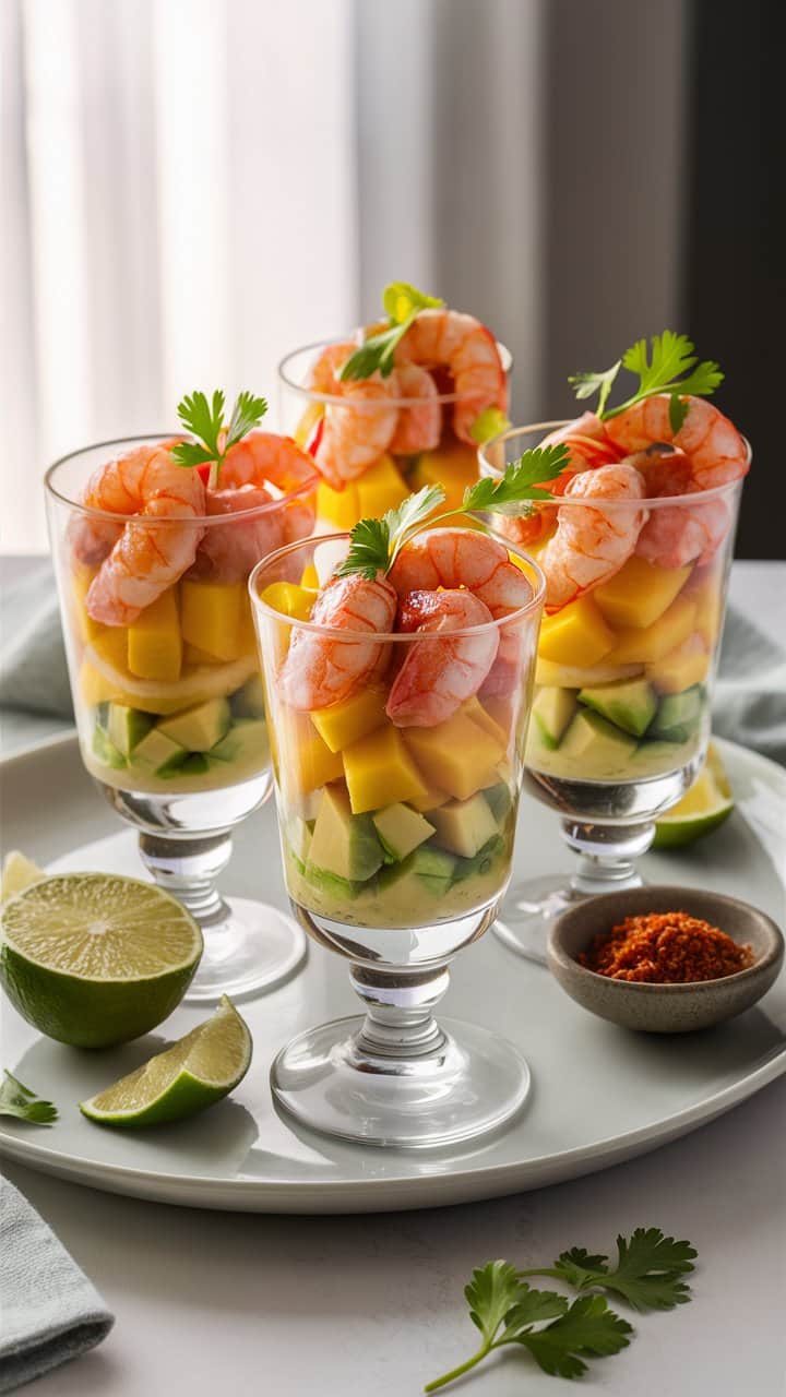 Verrines crevettes, mangue et avocat, avec citron vert.