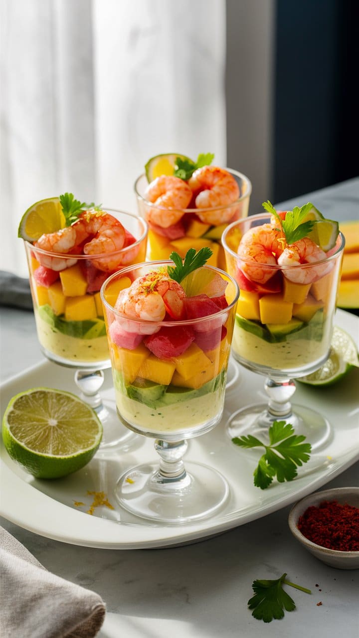 Verrines crevettes, avocat, mangue sur plateau blanc.