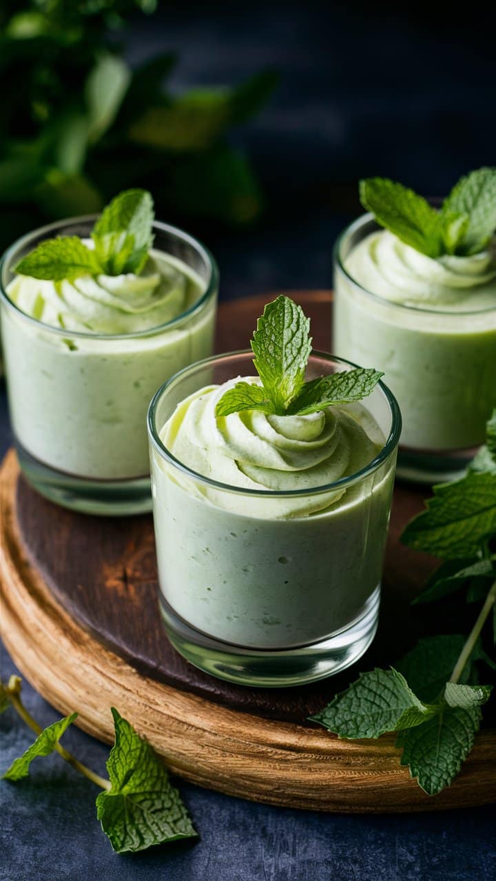 Dessert mousse verte parsemée de menthe.