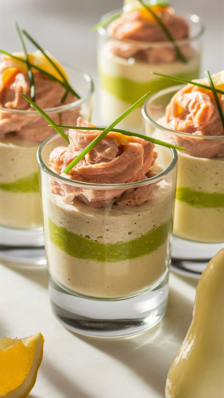 Verrines apéritives colorées avec mousse et citron.