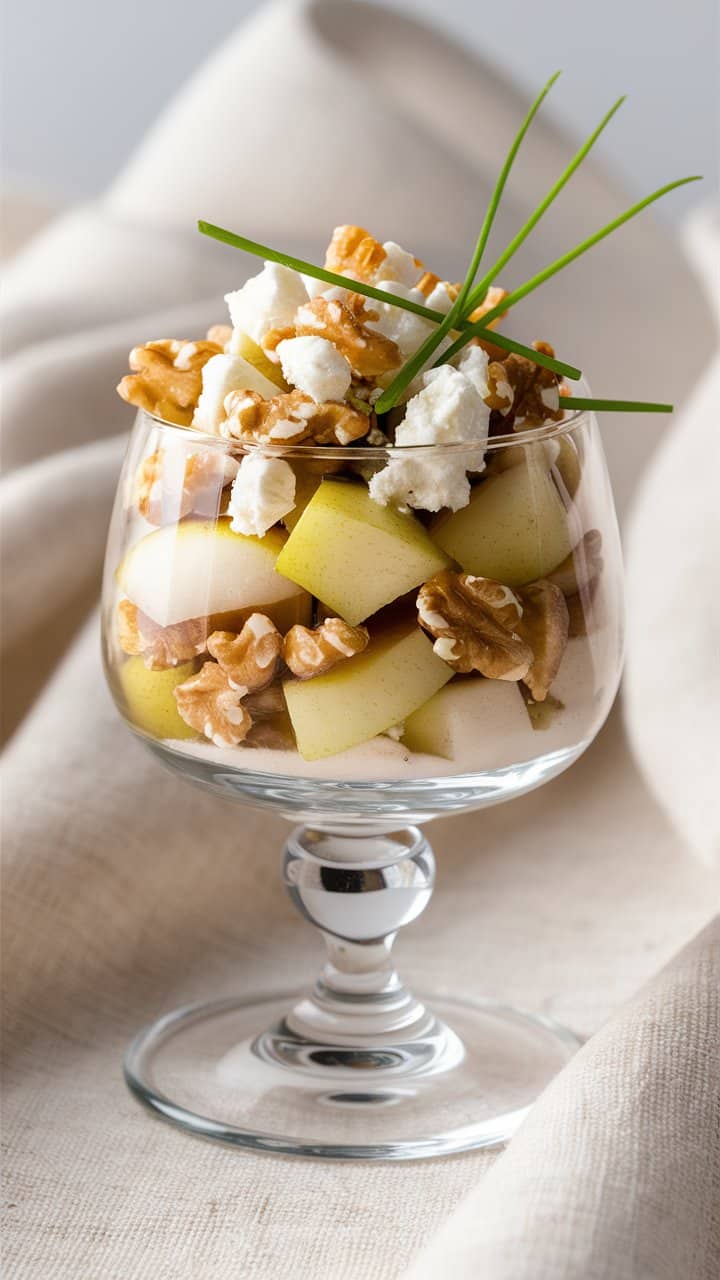 Verrine aux poires, noix, fromage frais et ciboulette