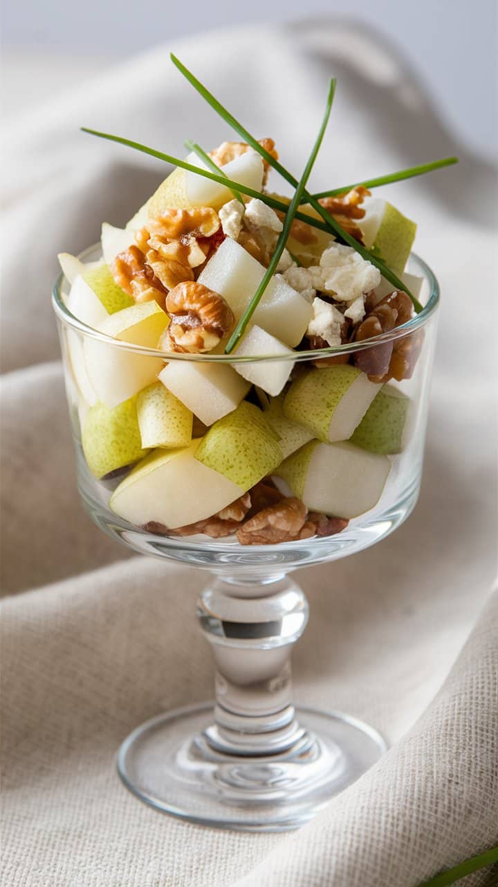 Salade de poires, noix et fromage dans un verre.