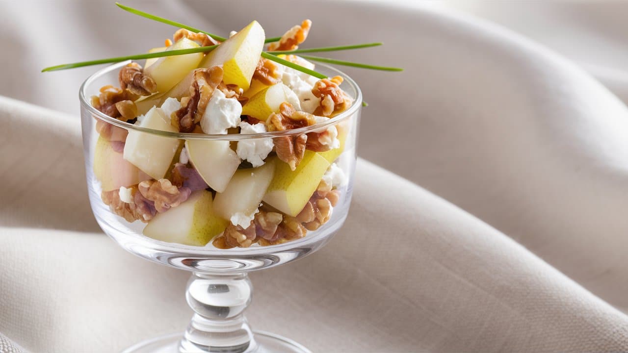 Salade de pommes, noix et fromage en verrine.