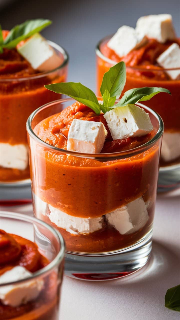 Verrine tomate, fromage, et basilic frais.