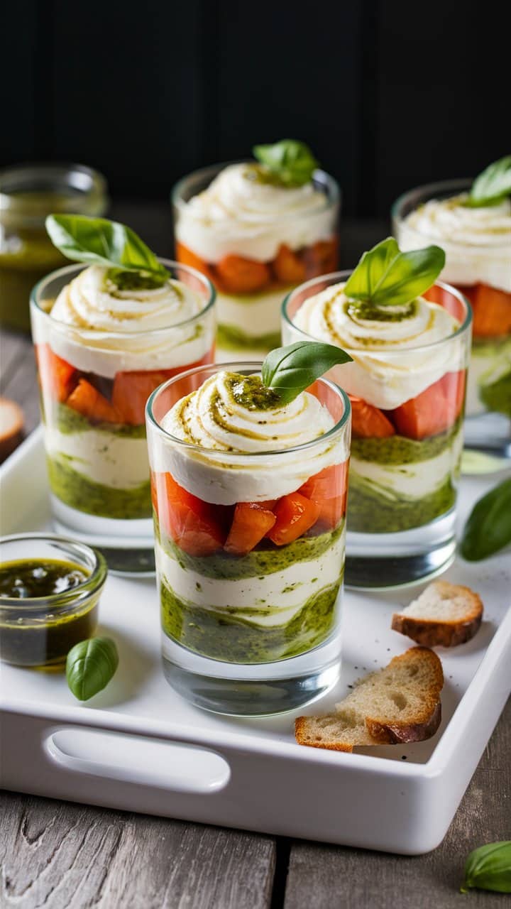 Verrines colorées avec tomates, basilic et mousse blanche.