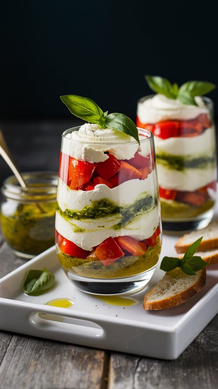 Verres de salade caprese au pesto, tomates et mozzarella