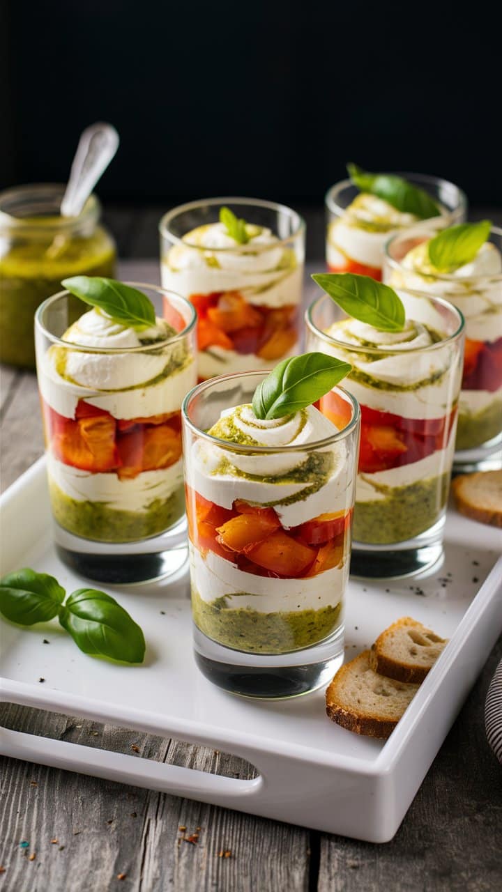 Verrines tomates mozzarella basilic sur plateau blanc
