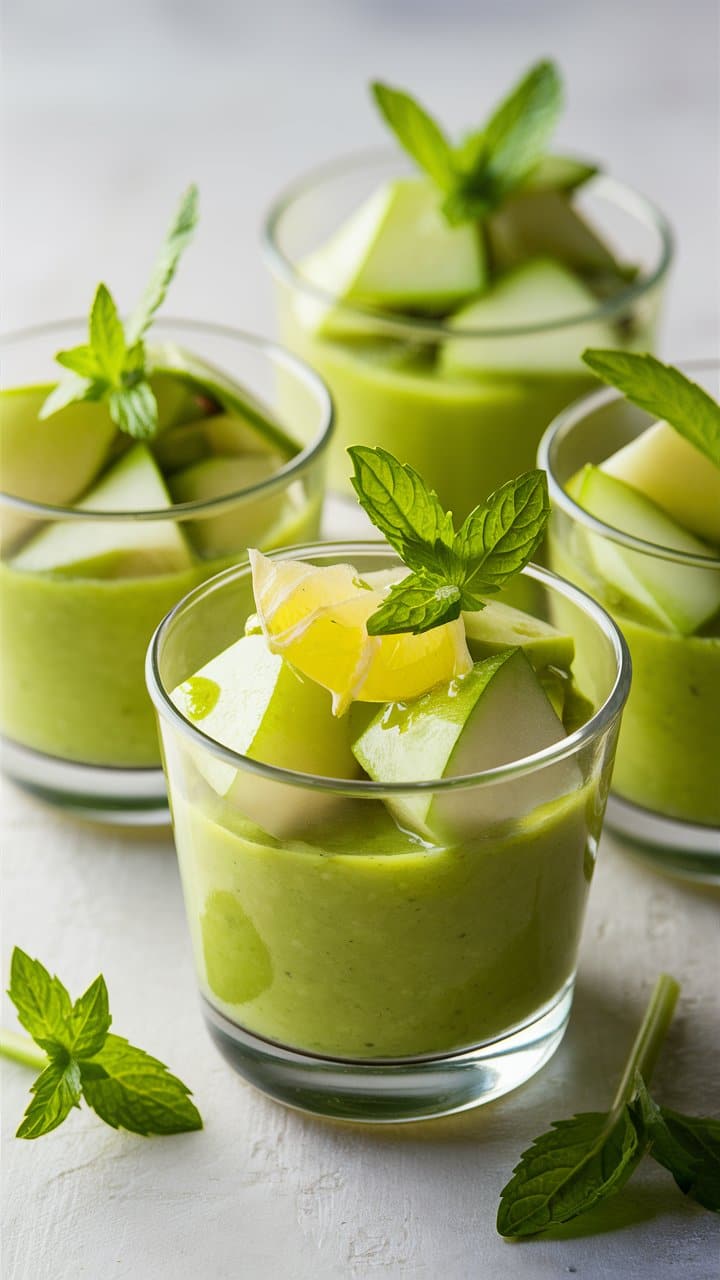 Smoothie vert pomme et menthe dans verres.