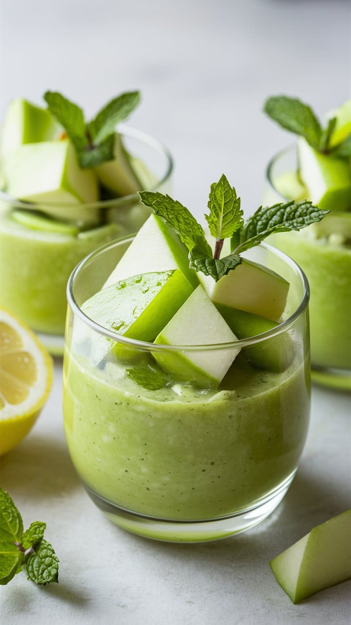 Smoothie vert aux pommes et menthe fraîche.