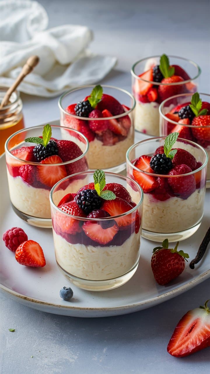 Desserts aux fruits rouges frais en verrines.