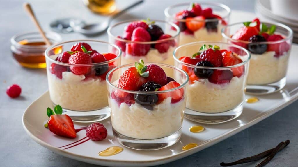 Verrines de riz au lait avec fruits rouges.