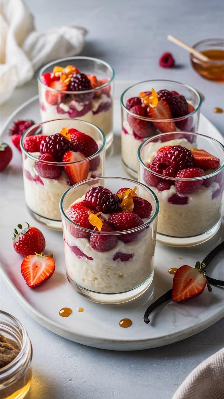 Verrines de riz au lait et fruits rouges.