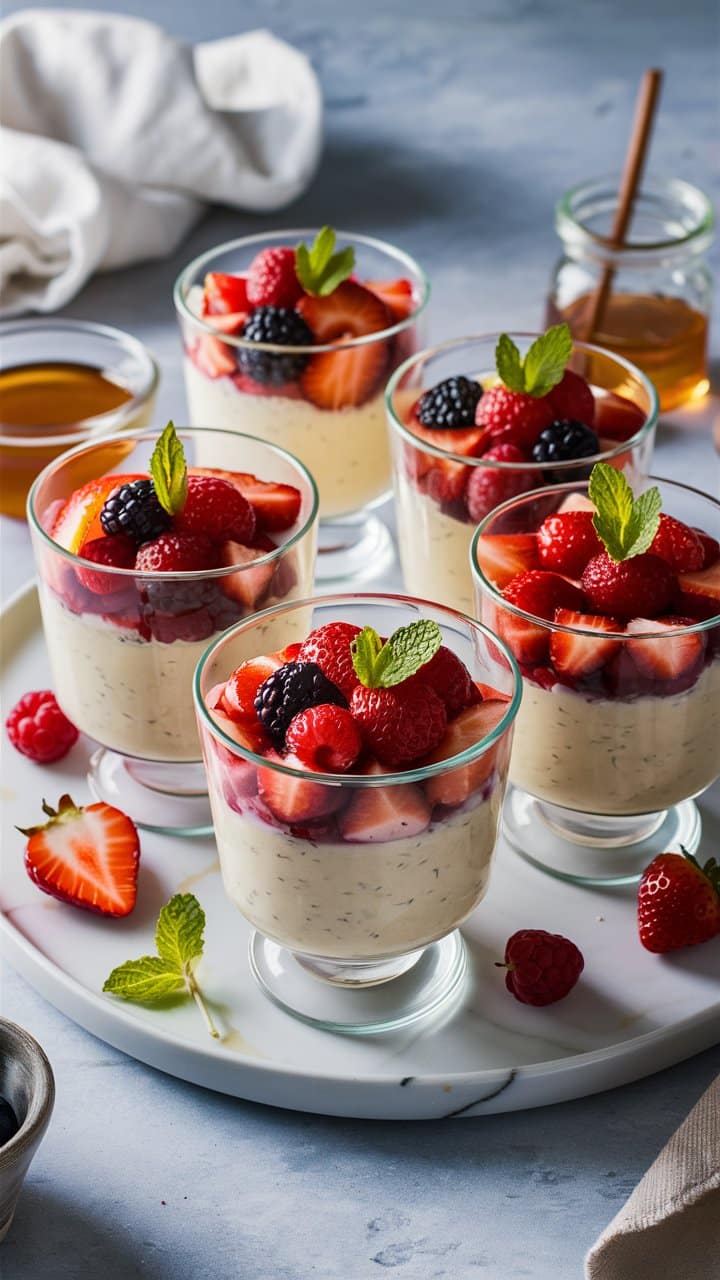Pots de dessert aux fruits frais et menthe.