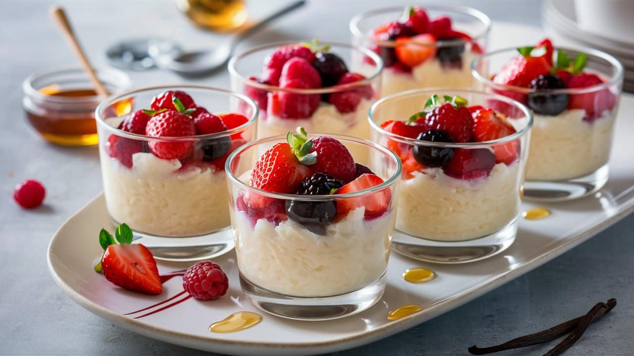 Verrines de riz au lait avec fruits rouges.