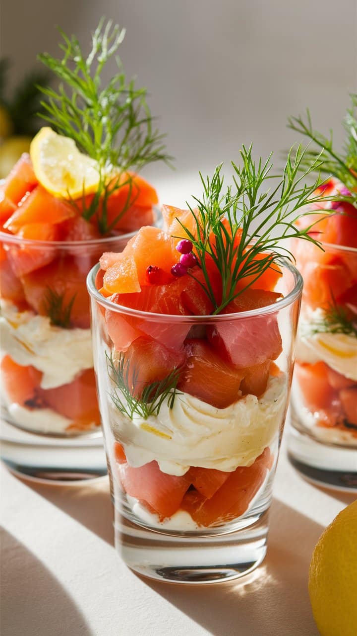 Verrines de saumon, crème et aneth, lumineuses.