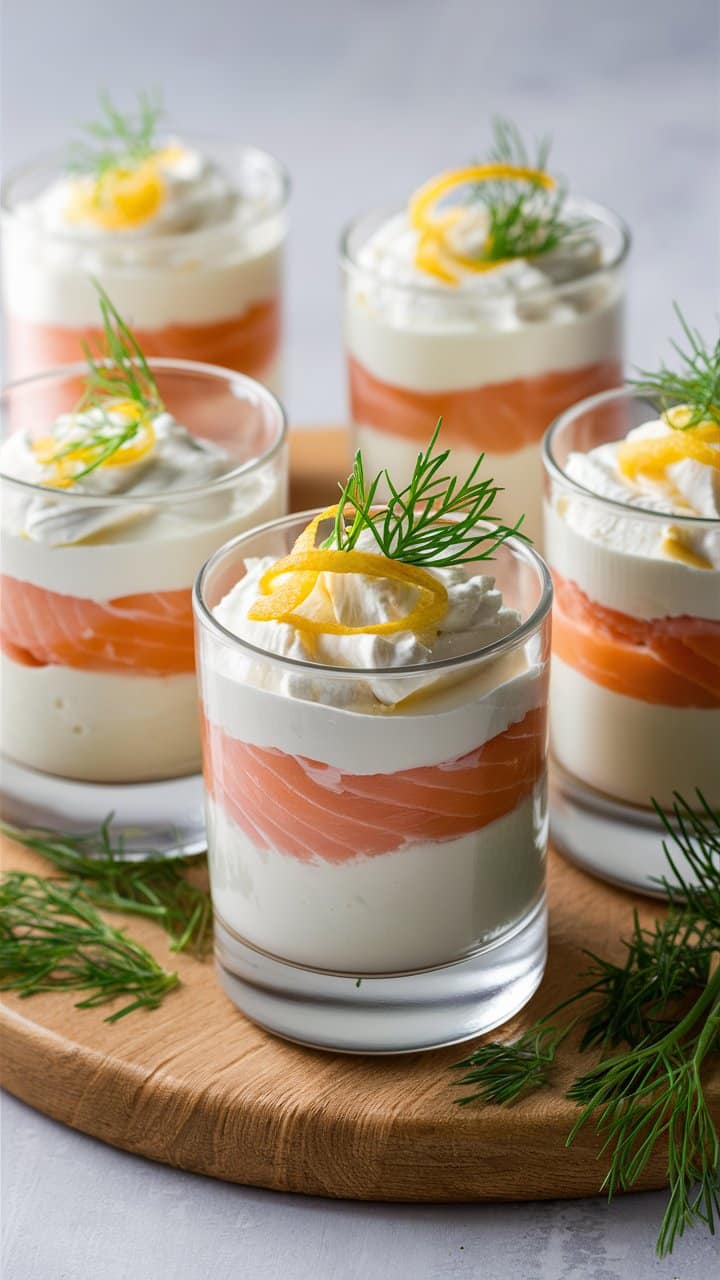 Verrine saumon, chantilly et aneth sur plateau.