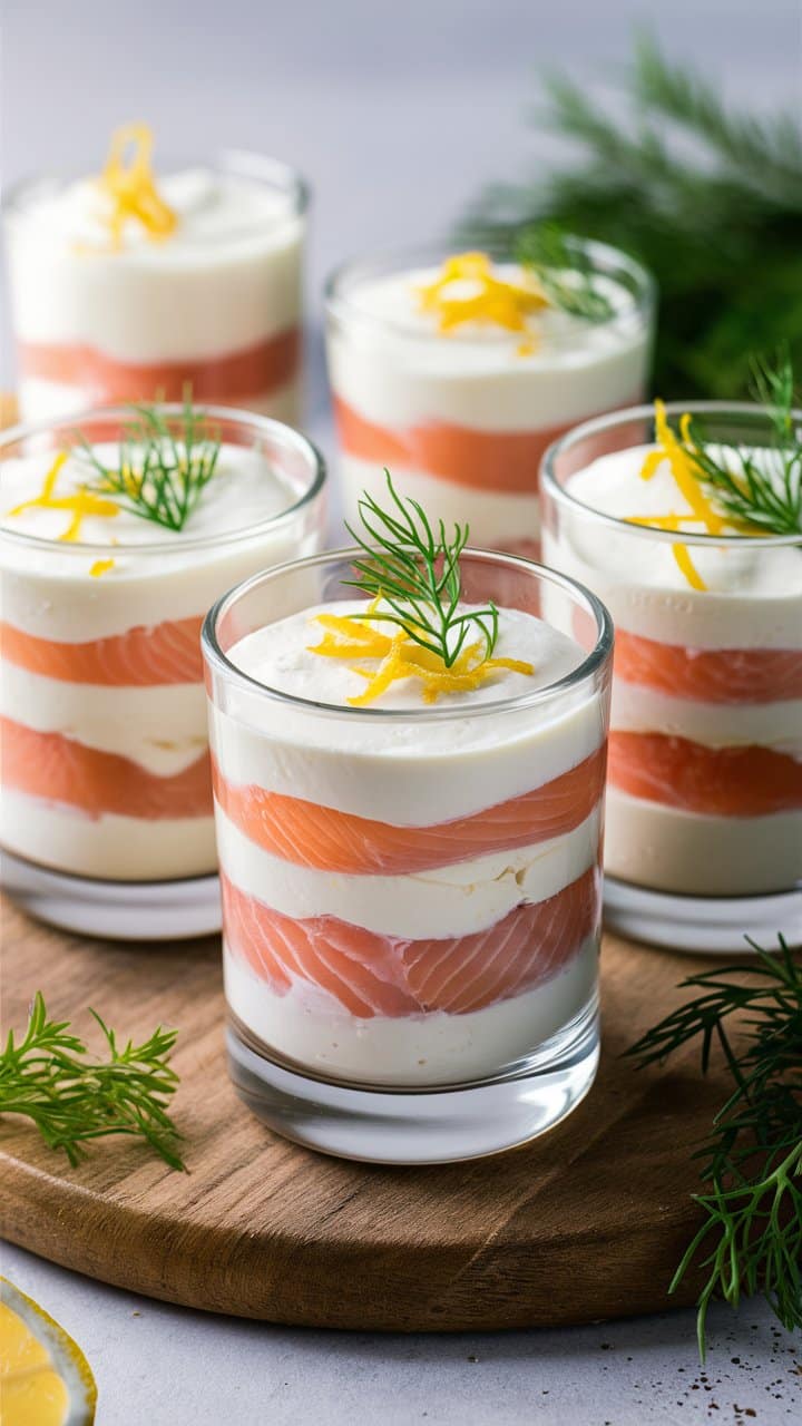 Verrines saumon fromage frais, zestes citron, aneth.