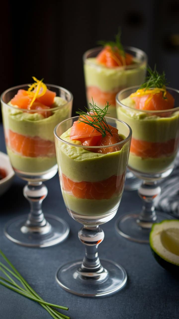 Verrines avocat saumon garnies d aneth.