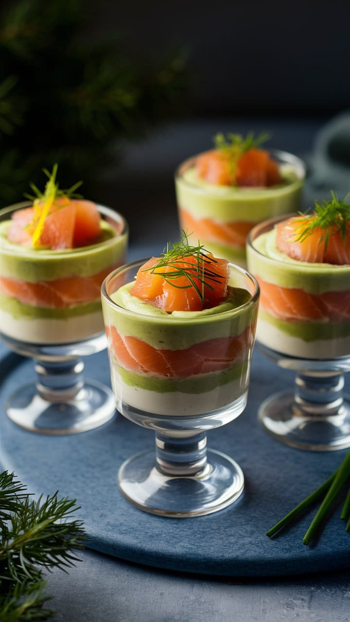 Verrines saumon, mousse verte, présentation élégante.