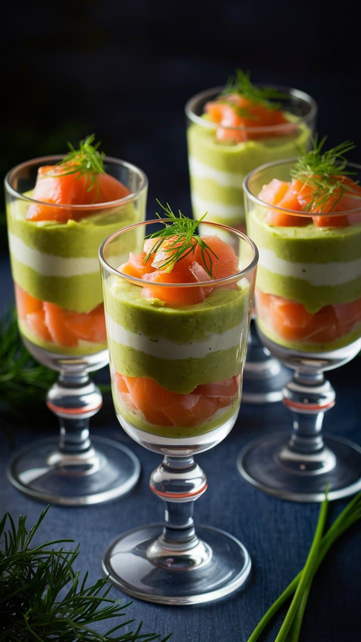 Verrines saumon, avocat, crème, aneth frais.