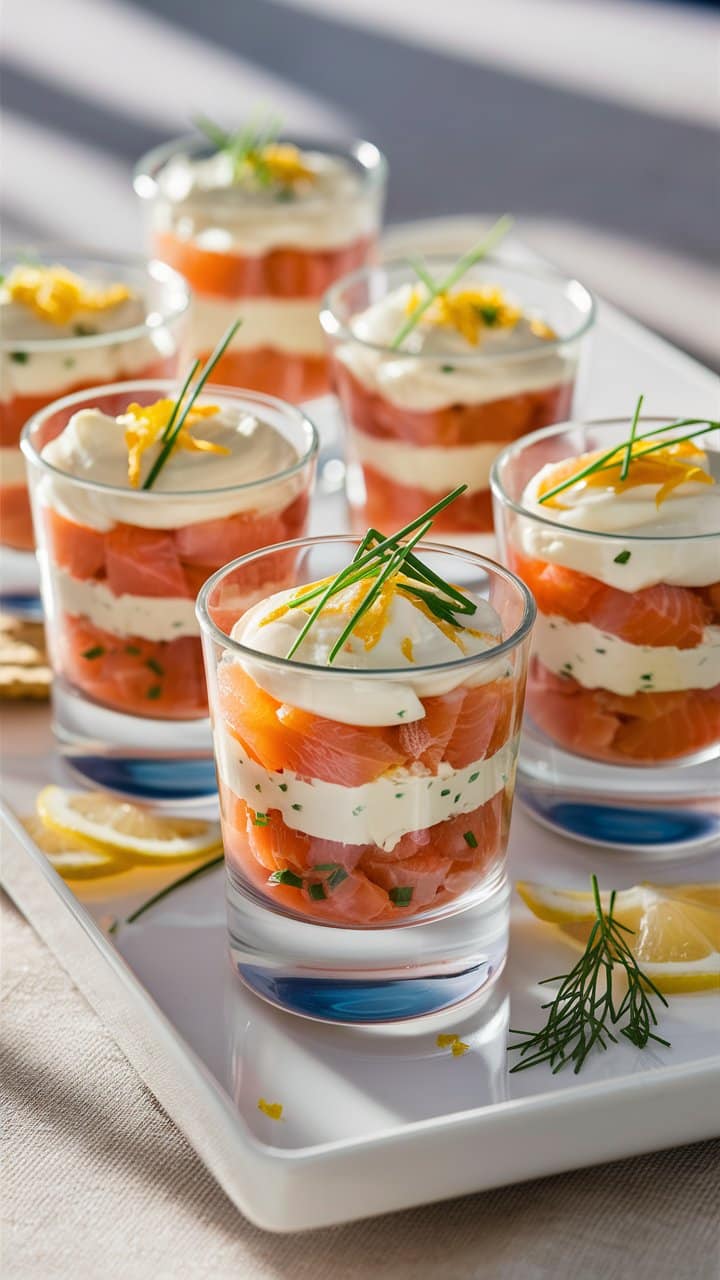 Verrines saumon, fromage blanc et ciboulette sur plateau.