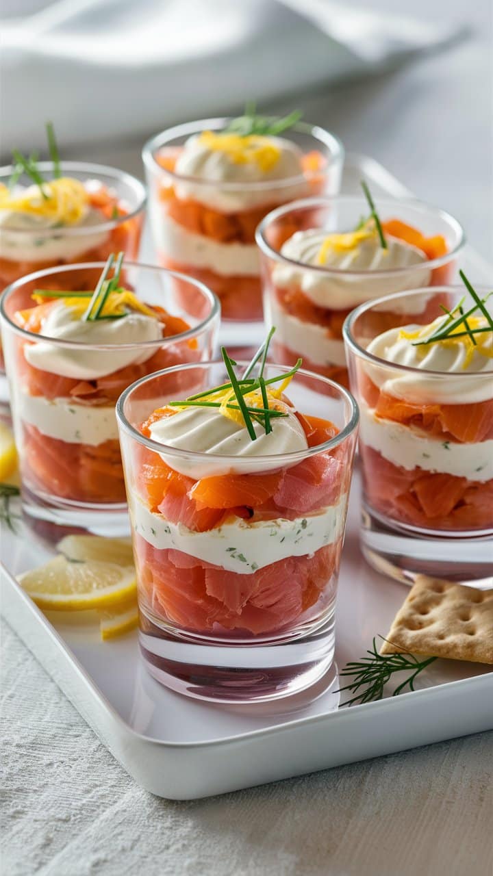 Verrines apéritives au saumon, crème et herbes fraîches.