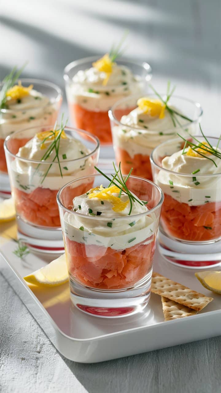 Verrines saumon, crème et citron sur plateau.