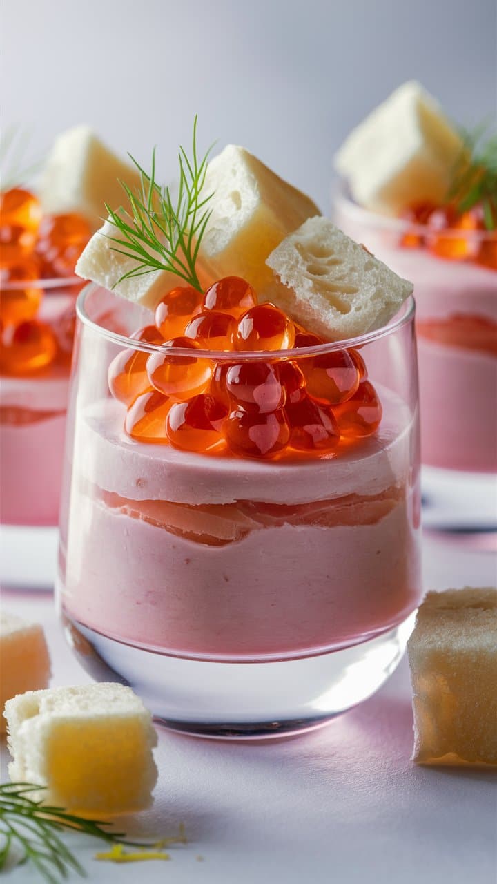 Verres de mousse rose avec œufs rouges et pain.